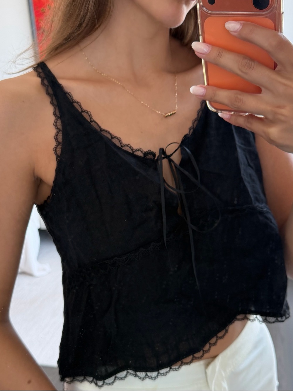 Andine Black 100% Cotton Lace Trim Tie Front Cami Tank Top | Size Small